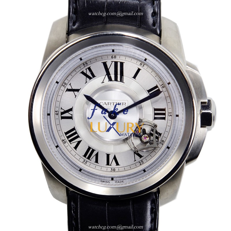Cartier W7100028 Calibre de Cartier Replica Watch, Manual Wind Titanium Case, Silver Dial, Black - Luxury Replica Watch