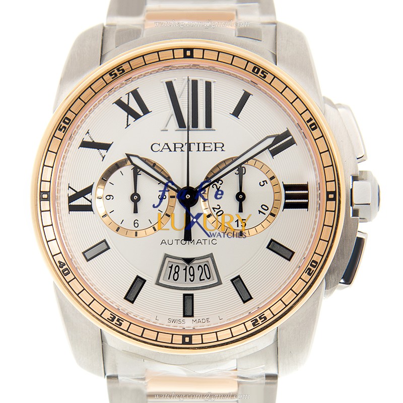 Cartier W7100042 CALIBRE DE CARTIER AUTO 18kt Rose Gold & Steel | White Dial | Silver & Gold Strap - Luxury Replica Watch