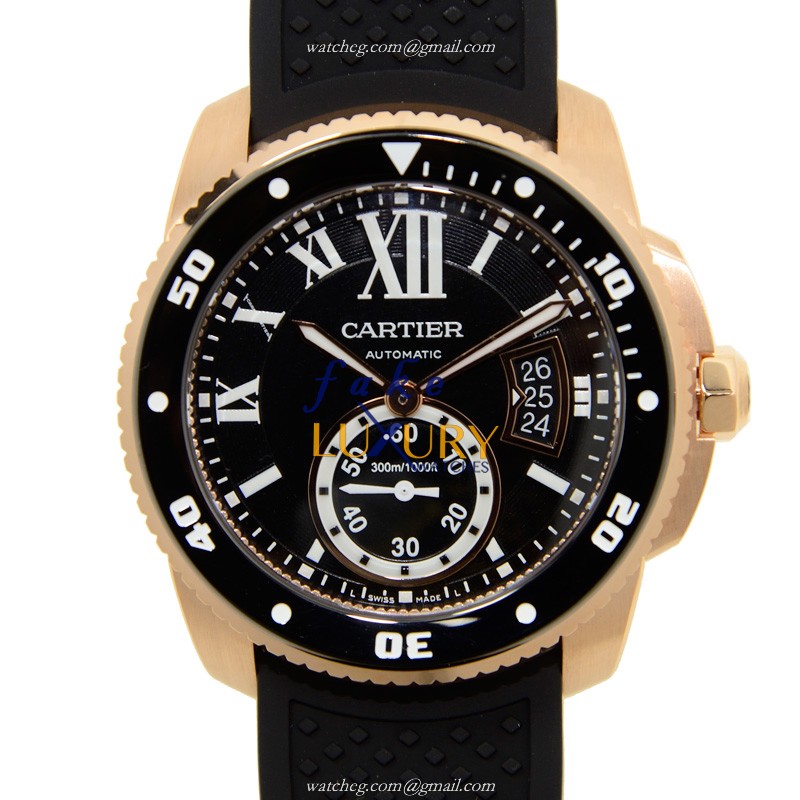 Cartier Calibre de Cartier W7100052 Replica Watch, Black Dial, 18kt Gold & Steel Case, Rubber Strap - Luxury Replica Watch