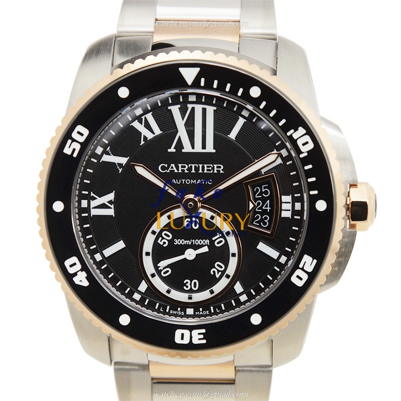 Cartier W7100054 CALIBRE DE CARTIER Auto 42mm 18kt Rose Gold & Steel Case Black Dial Silver Strap - Luxury Replica Watch