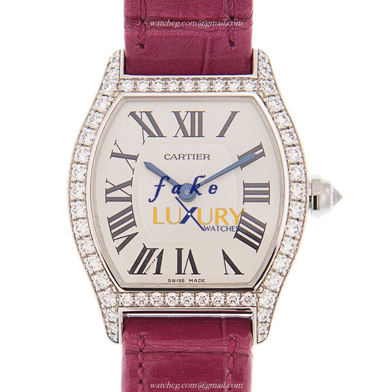 WA501007 - Cartier Tortue Replica Watch Manual Wind 18kt White Gold Silver Dial Red Strap - Luxury Replica Watch