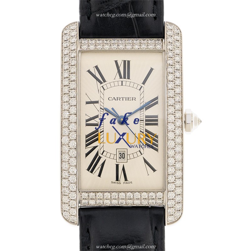 Cartier WB710004 TANK Automatic 18kt White Gold Diamond Beige Dial Black Alligator Strap Replica - Luxury Replica Watch
