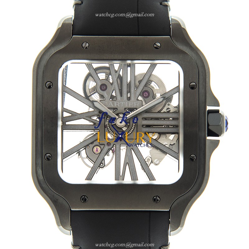 Cartier WHSA0009 Santos Manual Wind Stainless Steel Transparent Dial Leather Strap Replica Watch - Luxury Replica Watch