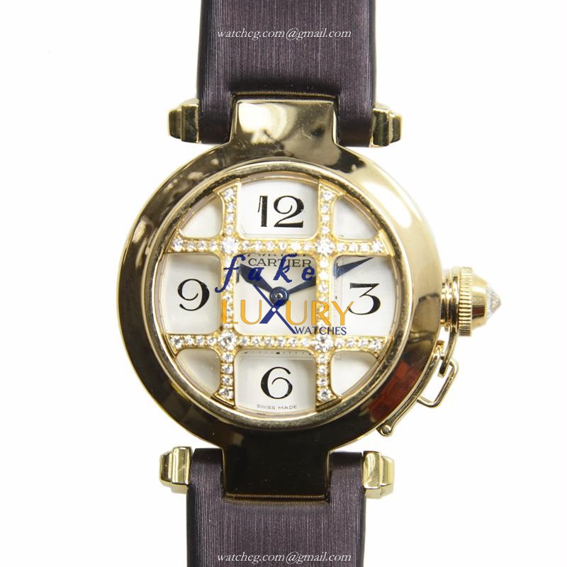 Cartier WJ11951G PASHA DE CARTIER Quartz 18kt Yellow Gold Replica Watch, White Dial, Black Satin - Luxury Replica Watch
