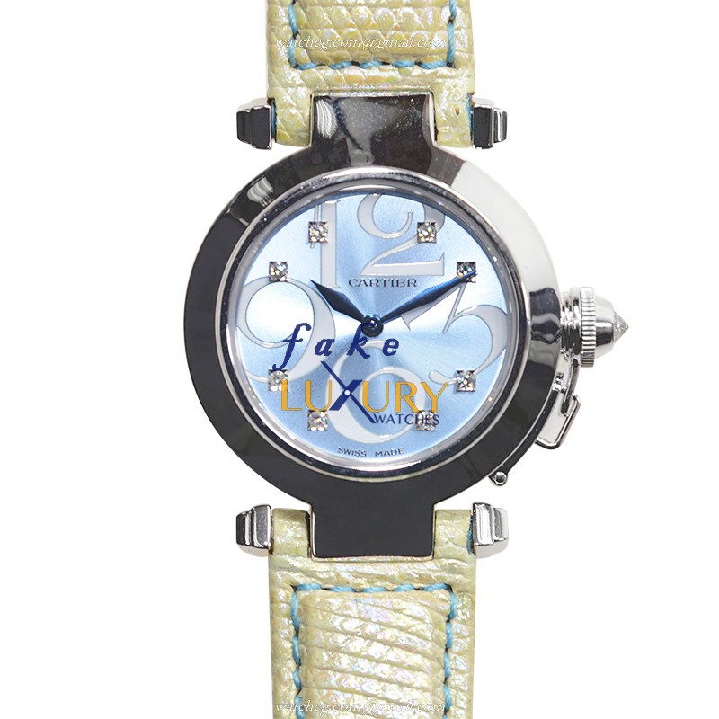 Cartier WJ123121 Pasha de Cartier Replica Watch, Blue Dial, 18kt White Gold Case, Leather Strap - Luxury Replica Watch