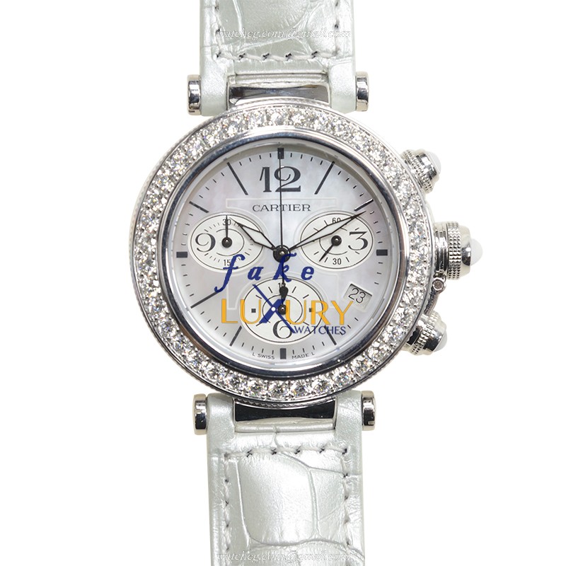 Cartier WJ130003 PASHA DE CARTIER Quartz 18kt White Gold & Diamond Replica Watch - Swiss Movement - Luxury Replica Watch