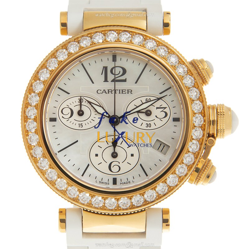 Cartier WJ130009 Pasha De Cartier Replica Watch, Quartz Movement, 18kt Gold & Diamond Case, White - Luxury Replica Watch