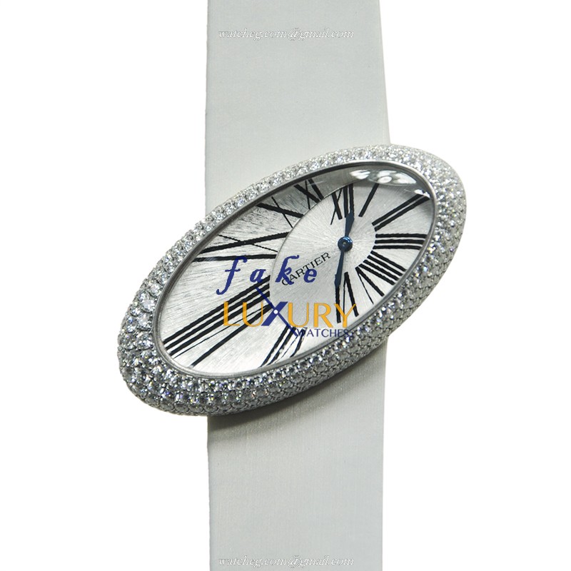Cartier WJ301949 HYPNOSE Quartz 18kt White Gold & Diamond Replica Watch, Silver Dial, White Satin - Luxury Replica Watch