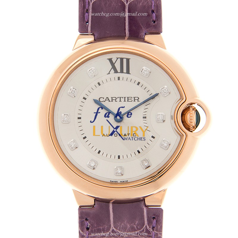 - CARTIER WJBB0010 BALLON BLEU AUTO 18KT ROSE GOLD REPLICA WATCH - WHITE DIAL, PURPLE STRAP - Luxury Replica Watch