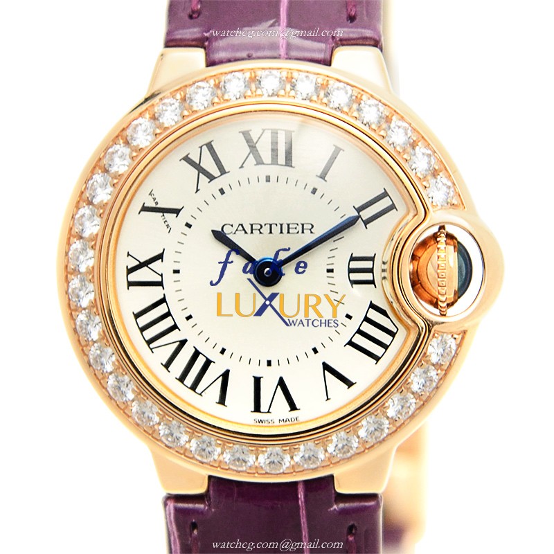 Cartier WJBB0018 BALLON BLEU Quartz 18kt Rose Gold & Diamonds - Silver Dial - Purple Alligator - Luxury Replica Watch