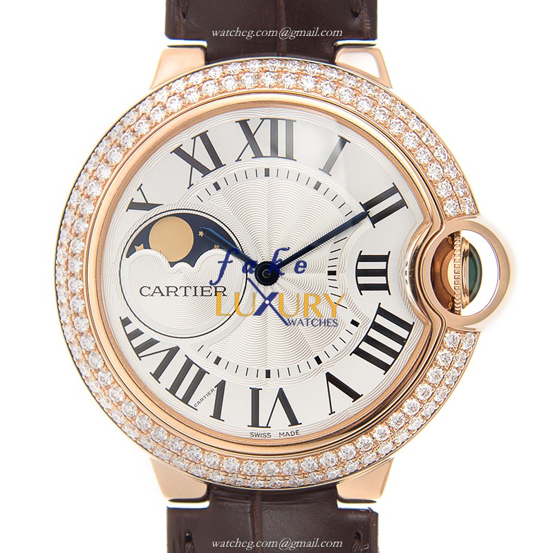 Cartier WJBB0027 BALLON BLEU Auto 18kt Rose Gold Diamond Replica Watch, Swiss Movement, 37mm Silver - Luxury Replica Watch