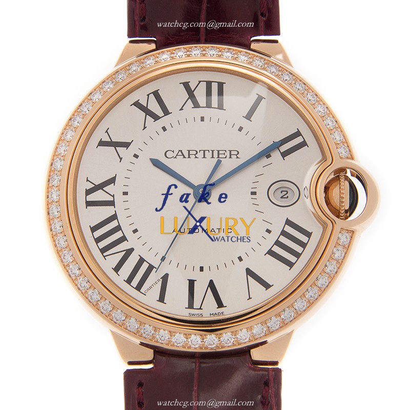Cartier WJBB0035 BALLON BLEU Auto 18kt Rose Gold Diamond Replica Watch - 42mm White Dial Red - Luxury Replica Watch
