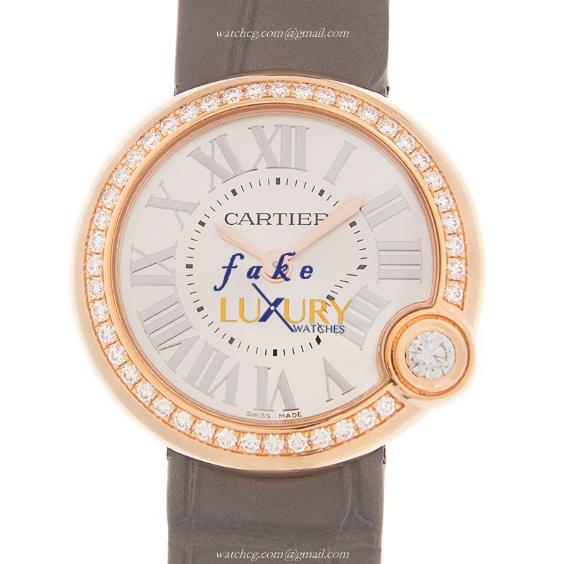 Cartier WJBL0008 BALLON BLANC DE CARTIER Quartz 18kt Rose Gold & Diamonds - Silver Dial - Alligator - Luxury Replica Watch