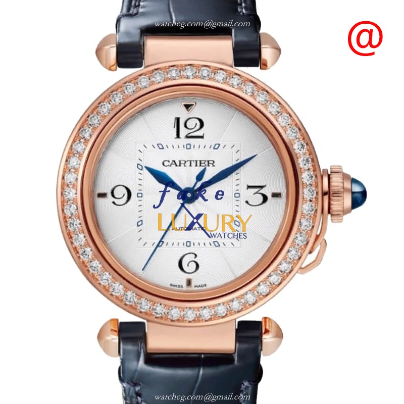 Cartier WJPA0012 PASHA DE CARTIER Automatic 18kt Rose Gold & Diamond Replica Watch Silver Dial Blue - Luxury Replica Watch