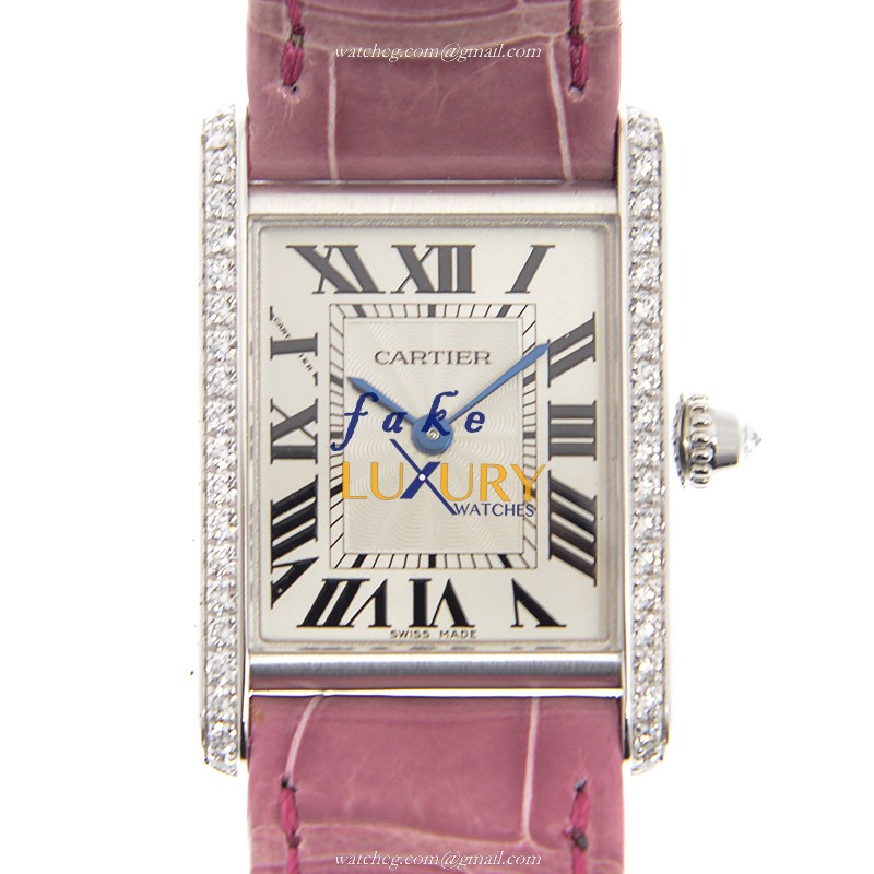 WJTA0011 - Cartier TANK Replica Watch Manual Wind 18kt White Gold Diamond Silver Dial Red Strap - Luxury Replica Watch