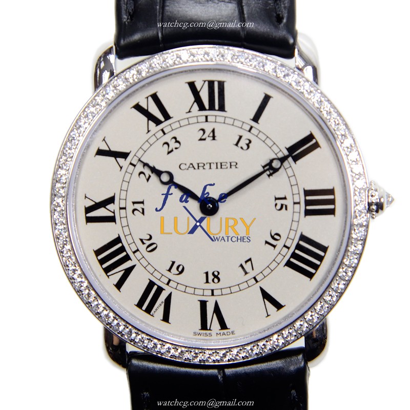 Cartier WR000551 Ronde Louis Cartier Replica Watch, 18kt White Gold Diamond Case, Manual Wind - Luxury Replica Watch