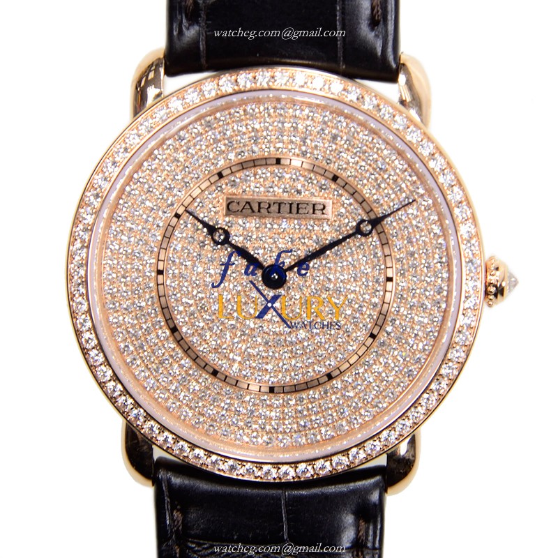 Cartier WR007008 RONDE LOUIS CARTIER - Manual Wind - 36mm - 18kt Rose Gold & Diamonds - Black - Luxury Replica Watch