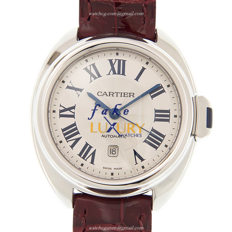 Cartier WSCL0016 CLe DE CARTIER Automatic Stainless Steel White Dial Red Alligator Strap Replica - Luxury Replica Watch