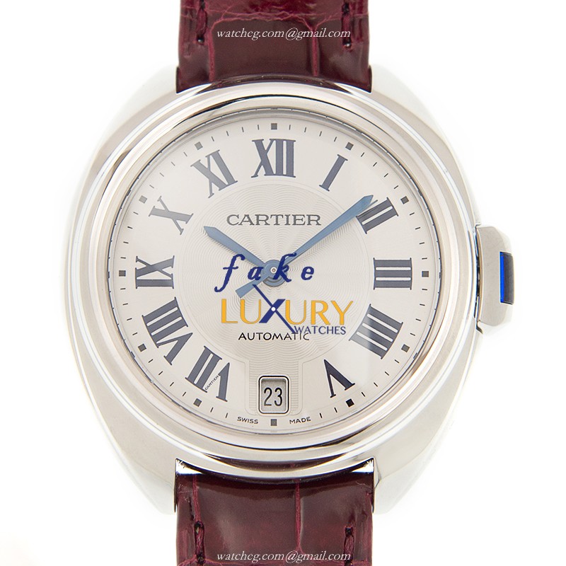 WSCL0017 - Cartier Cle De Cartier Replica Watch Automatic Silver Dial Red Alligator Strap - Luxury Replica Watch