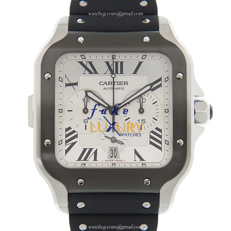 Cartier WSSA0017 Santos - Replica Watch - Automatic - Stainless Steel Case - White Dial - Rubber - Luxury Replica Watch