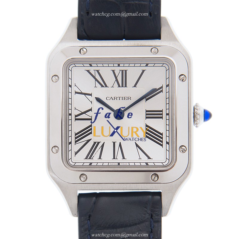 Cartier WSSA0023 Santos Quartz Stainless Steel Replica Watch, Swiss Movement, Silver Dial, Blue - Luxury Replica Watch