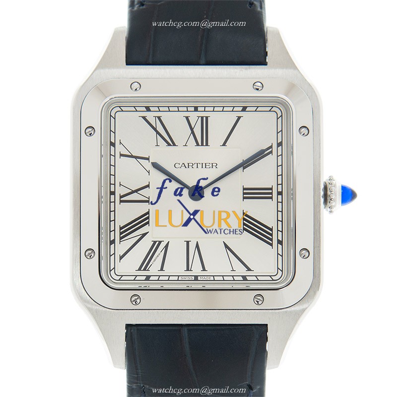 Cartier WSSA0032 SANTOS Manual Wind Steel Replica Watch, Silver Dial, Blue Alligator Strap - Luxury Replica Watch
