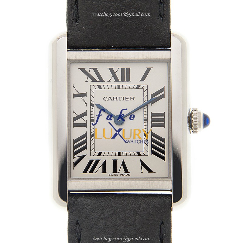 Cartier WSTA0030 TANK Quartz Stainless Steel Replica Watch - White Dial, Black Cowhide Strap - Luxury Replica Watch