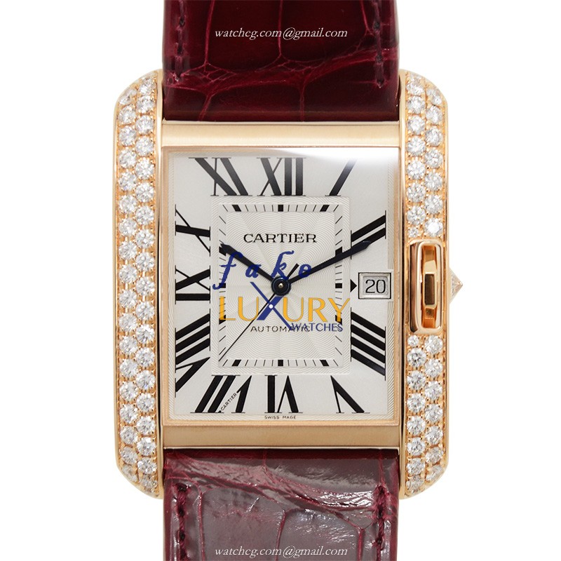 Cartier WT100021 TANK Replica Watch, Automatic Movement, 18kt Rose Gold Case with Diamonds, Silvery - Luxury Replica Watch