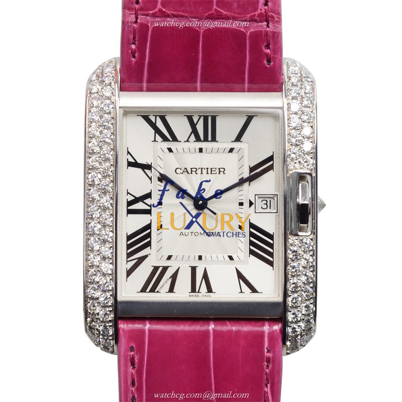 Cartier WT100023 TANK Automatic 18kt White Gold & Diamond | Automatic | White & Pink Alligator - Luxury Replica Watch