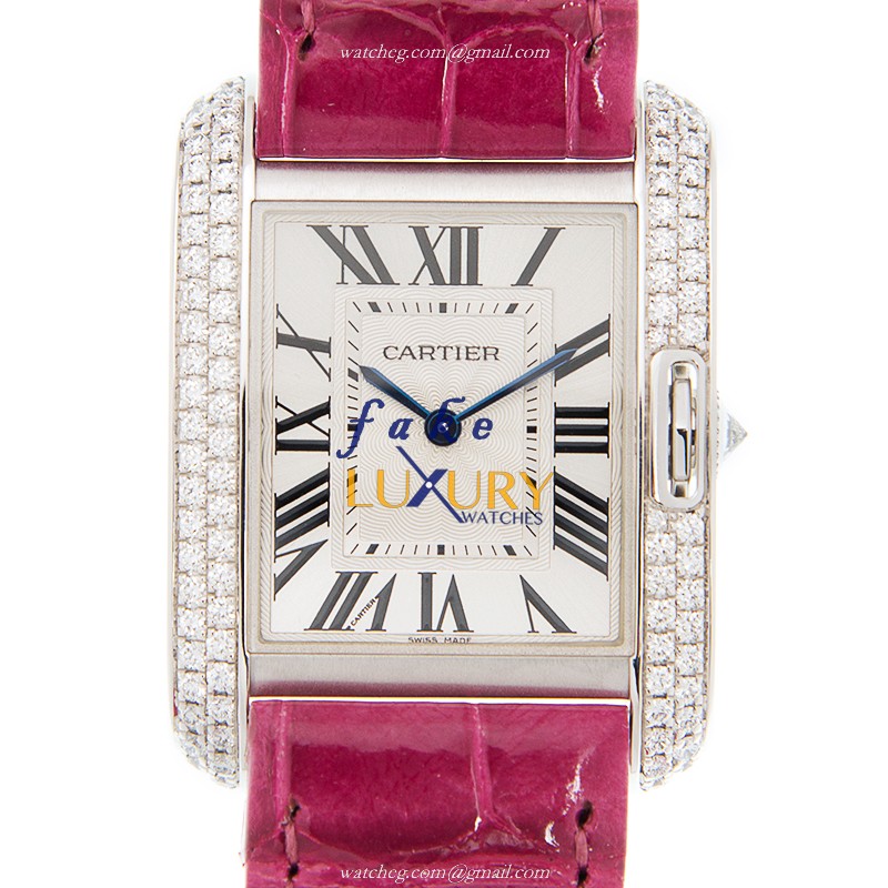 Cartier WT100030 Replica Watch TANK Quartz 18kt White Gold Diamond White Dial Purple Alligator Strap - Luxury Replica Watch