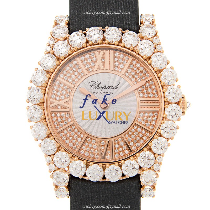 Chopard 139419-5001 Women Jewelry Automatic 18kt Rose Gold Diamonds - Gold Dial - Black Silk Strap - Luxury Replica Watch