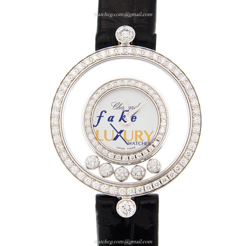Chopard 203957-1201 Happy Diamonds Quartz 18kt White Gold Replica Watch, 25.8mm, Alligator Black - Luxury Replica Watch