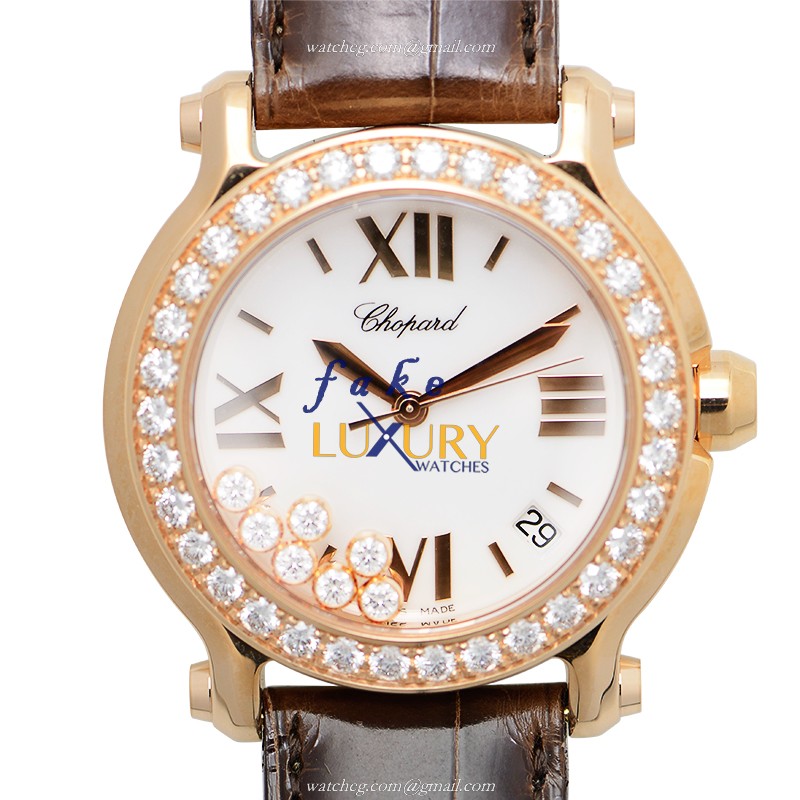Chopard 277473-5001 Quartz 18kt Rose Gold & Diamond Replica Watch, Happy Sport, White Dial, Brown - Luxury Replica Watch