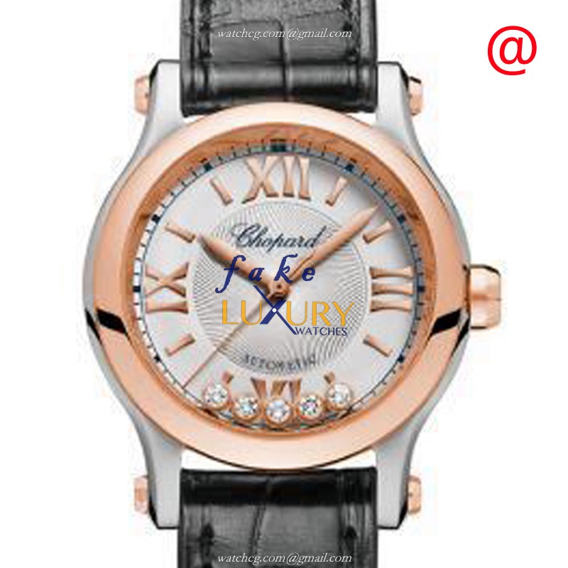 Chopard 278572-6009 Happy Sport Automatic 18kt Rose Gold & Steel Replica Watch - Silver Dial, Black - Luxury Replica Watch