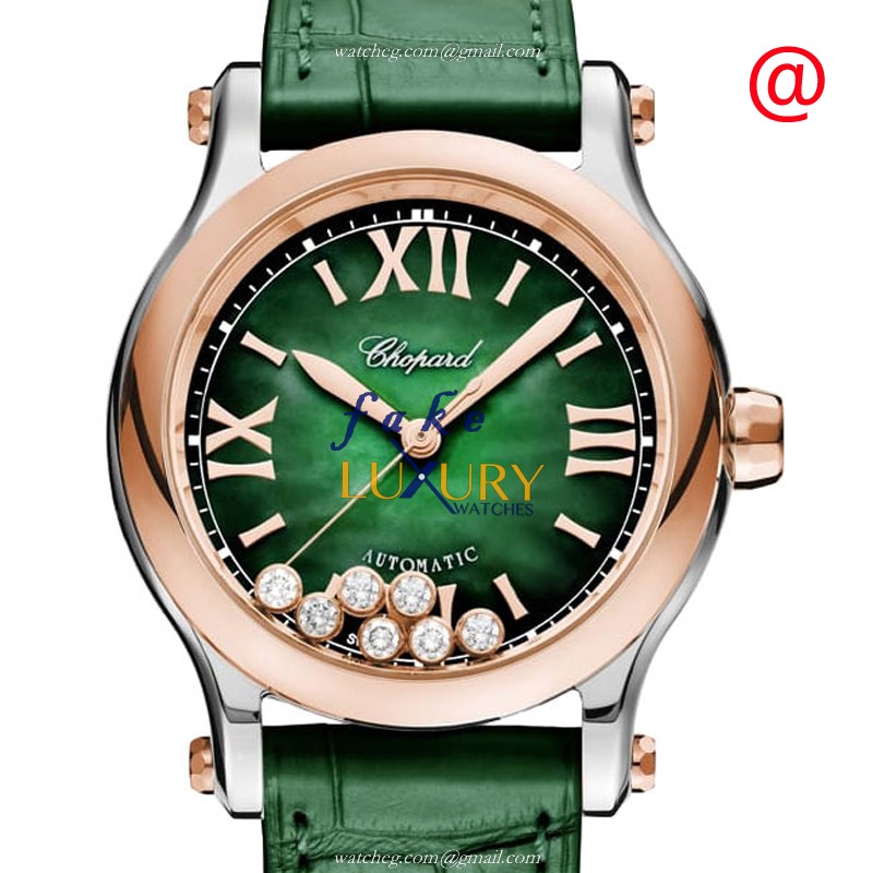 Chopard 278578-6002 HAPPY SPORT AUTO 18kt Rose Gold & Steel | 36mm | Green Dial Pearl | Alligator - Luxury Replica Watch