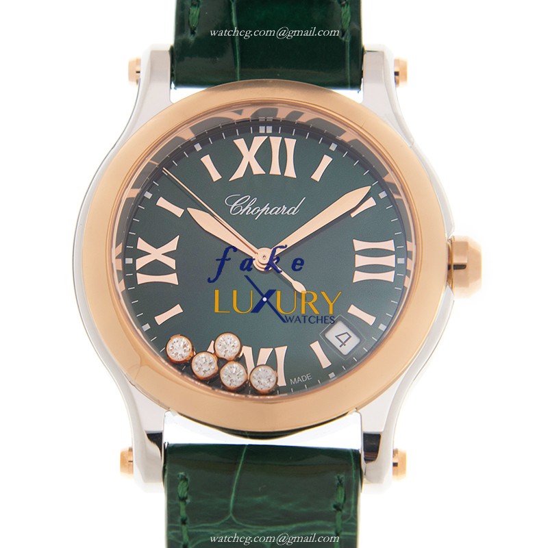 Chopard 278582-6005 Happy Sport Quartz 18kt Rose Magic & Diamond Replica Watch, Green Dial, Leather - Luxury Replica Watch