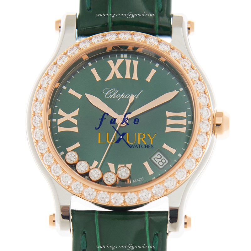 Chopard 278582-6007 Happy Sport Quartz 18kt Rose Gold Green Dial Leather Strap Replica Watch - Luxury Replica Watch