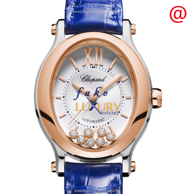 Chopard 278602-6001 HAPPY SPORT Automatic 18kt Rose Gold & Steel Replica Watch, Silver Dial, Blue - Luxury Replica Watch