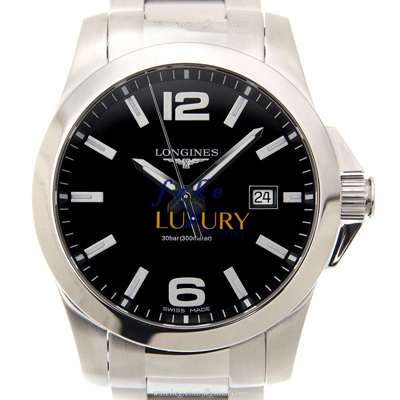 -CONQUEST-L3.759.4.58.6 - Luxury Swiss Replica Watch - Quartz - Black Dial - Stainless Steel