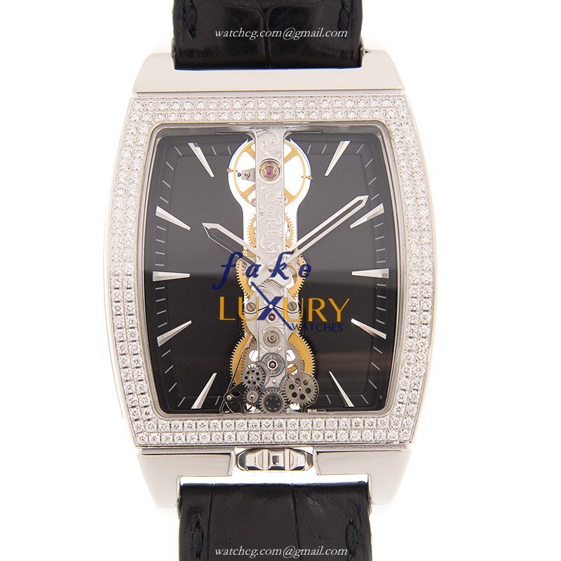Corum 113.151.69/0001 FN01 BRIDGE Replica Watch, Manual Wind, 18kt White Gold & Diamond, Black Dial - Luxury Replica Watch
