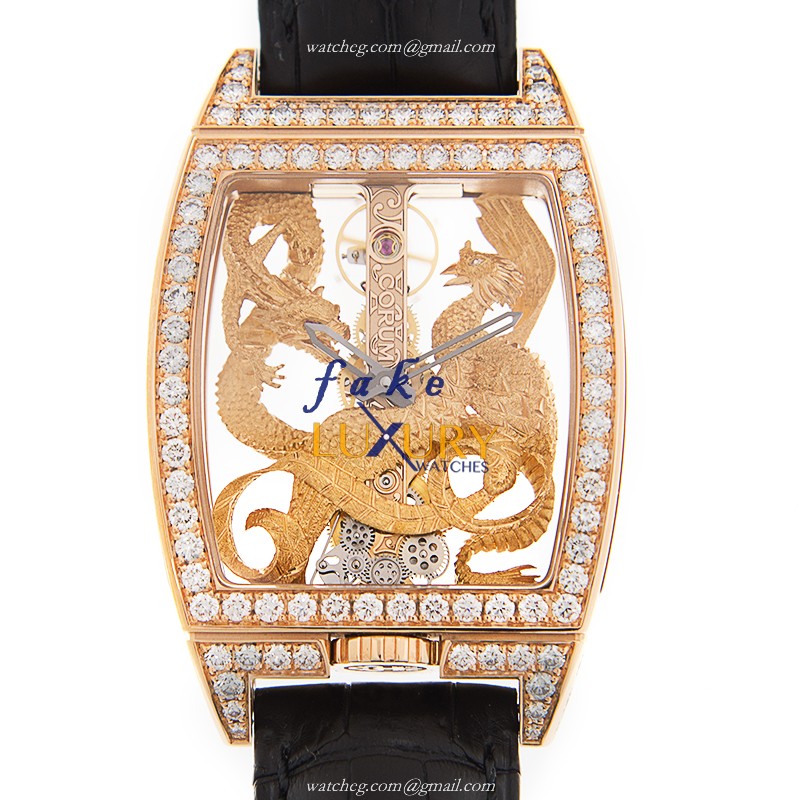 Corum 113.265.85/0001 DP55R Replica Watch, Manual Wind, 18kt Rose Gold Case, Gold Dial, Diamonds - Luxury Replica Watch