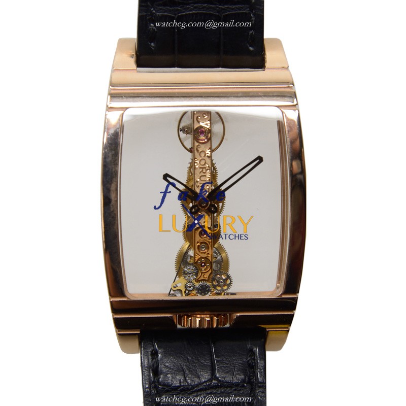 Corum Bridge Replica Watch 113.550.55-0001 000R Manual Wind 18kt Rose Gold Transparent Skull Dial - Luxury Replica Watch