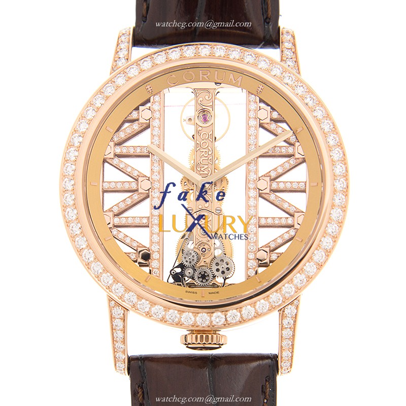 113.901.85/0F02 GG85R - Corum Bridge Replica Watch - Manual Wind - Rose Gold Diamonds - Transparent - Luxury Replica Watch