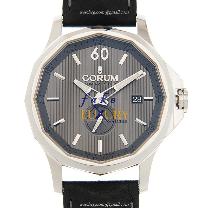 Corum A395/03550 Admirals Cup Replica Watch, Automatic, Gray Dial, Steel Case, Black Leather Strap - Luxury Replica Watch