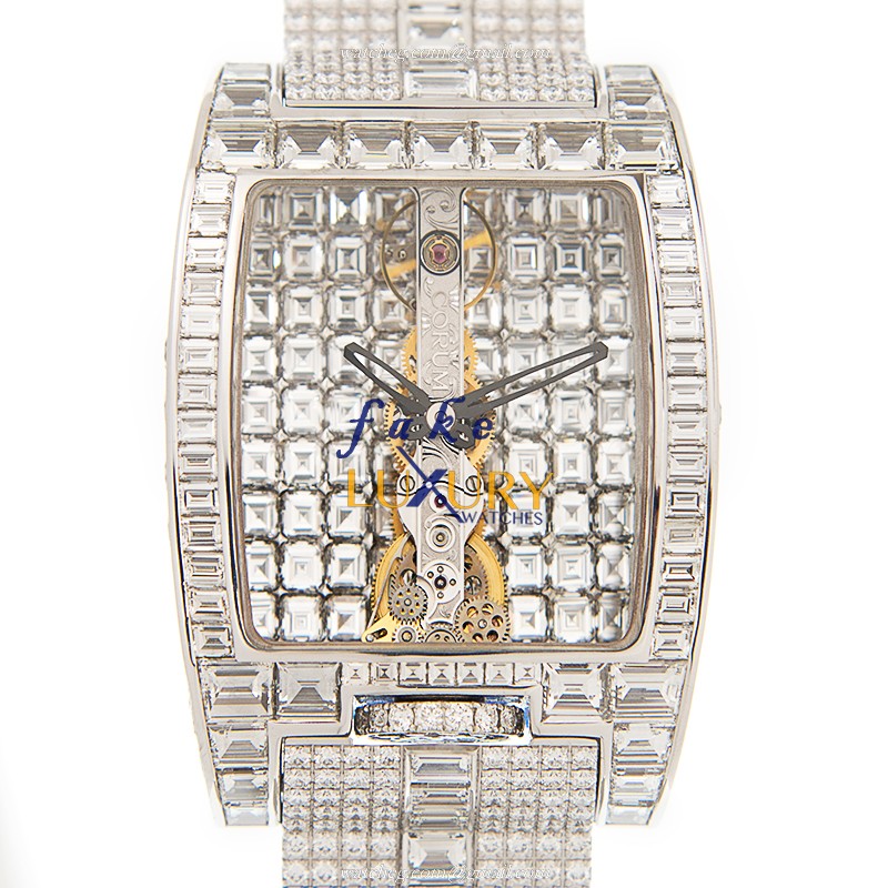 Corum BRIDGE Full Paved Diamond Manual Wind 18kt White Gold Silver Dial Replica Watch - Luxury Replica Watch