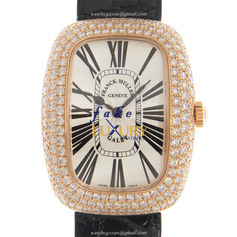 Franck Muller 3002 L QZ R D3 5N GALET Quartz Rose Gold Replica Watch 28mm 18kt Case Black Leather - Luxury Replica Watch