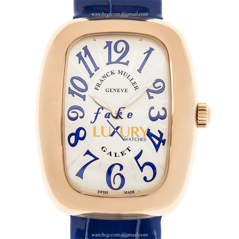 Franck Muller 3002 M QZ V BU 5N Galet Quartz 34mm 18kt Rose Gold Silver Dial Blue Leather Replica - Luxury Replica Watch