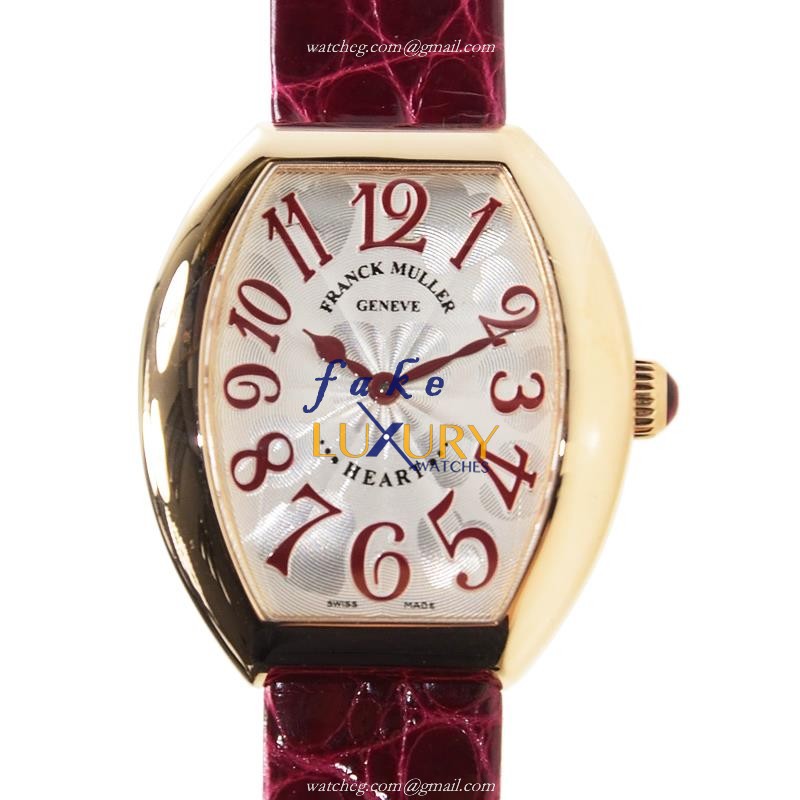 Franck Muller 5002 L QZ 5N Replica Watch - Quartz - 18kt Rose Gold Case - Silver Dial - Red Leather - Luxury Replica Watch