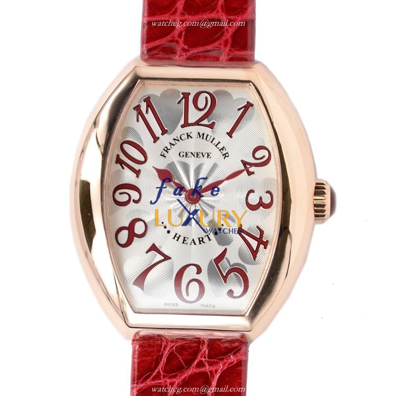 Franck Muller 5002 M QZ 5N Replica Watch, Quartz Movement, Rose Gold Case, Silver Dial, Red