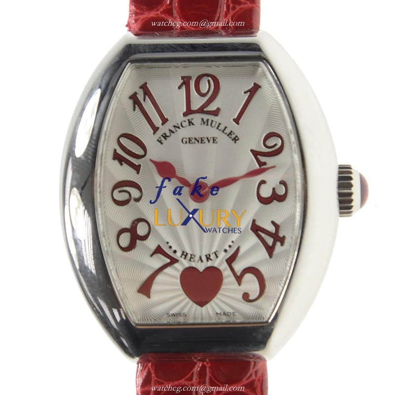 Franck Muller 5002 S QZ C 6H AC Replica Watch, Quartz Heart, Silver Dial, Red Leather Strap